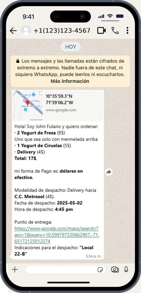 capture de mensaje recibido de pedido con ubicacion